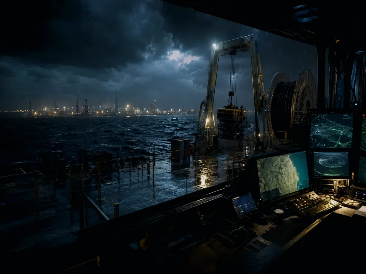 How Is a Navigation Float Used or Applied? article hero image showing subsea operations deck, A-frame launch silhouette, underwater survey grid and cable-route tension