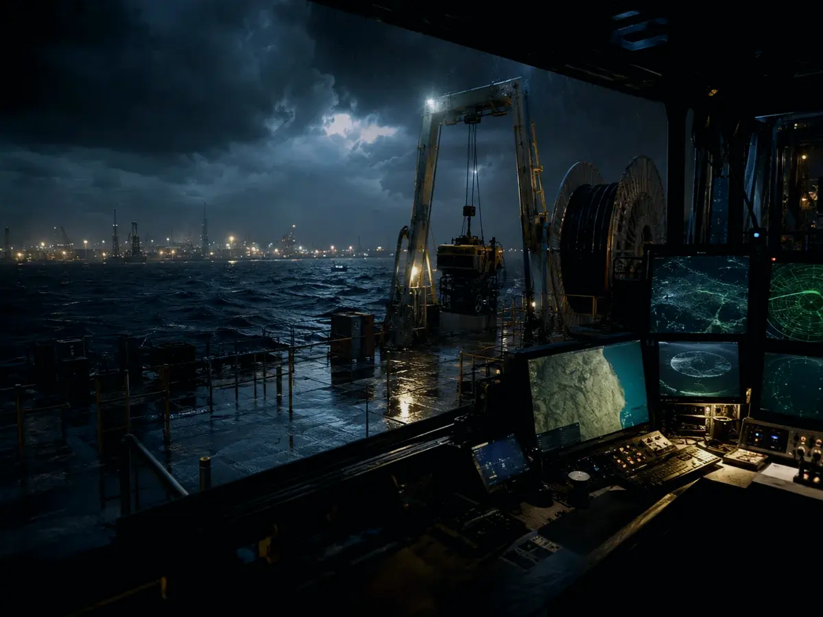 How Is a Passive Cable Receiver Used in Practice? article hero image showing subsea operations deck, A-frame launch silhouette, underwater survey grid and cable-route tension