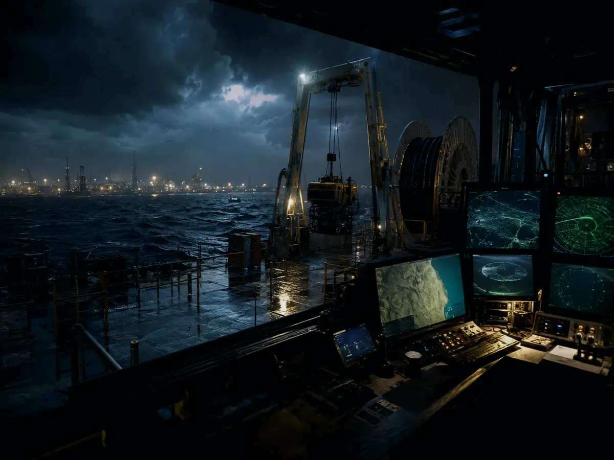 How Is a Passive Cable Receiver Used Safely? article hero image showing subsea operations deck, A-frame launch silhouette, underwater survey grid and cable-route tension