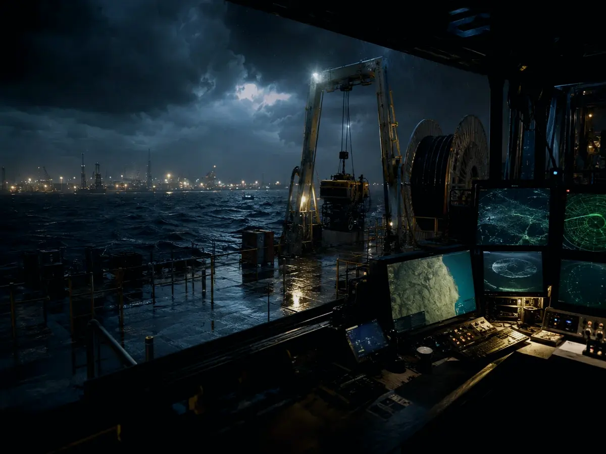 What Are the Limitations of a Passive Cable Receiver? article hero image showing subsea operations deck, A-frame launch silhouette, underwater survey grid and cable-route tension
