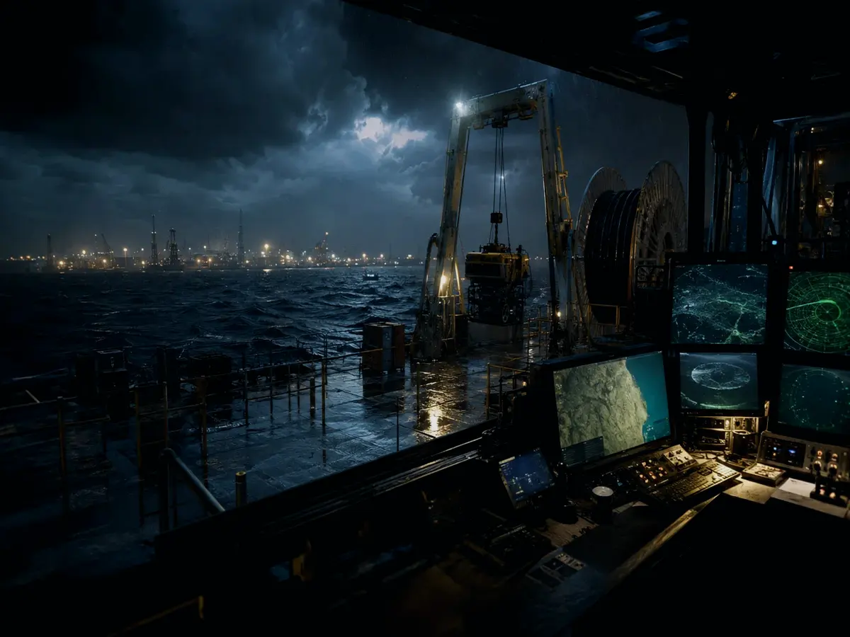 What Are the Main Parts of a Passive Cable Receiver? article hero image showing subsea operations deck, A-frame launch silhouette, underwater survey grid and cable-route tension