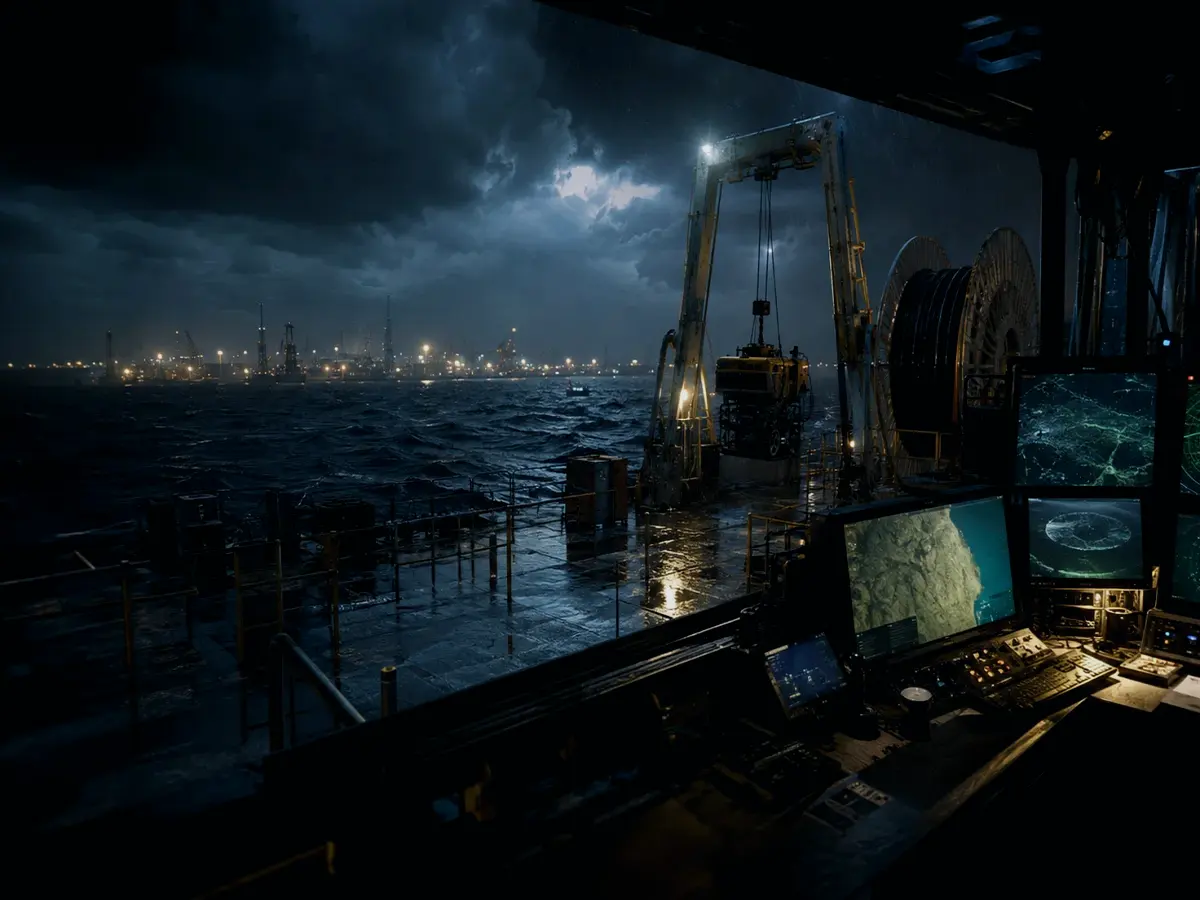What Is a Passive Cable Receiver? article hero image showing subsea operations deck, A-frame launch silhouette, underwater survey grid and cable-route tension