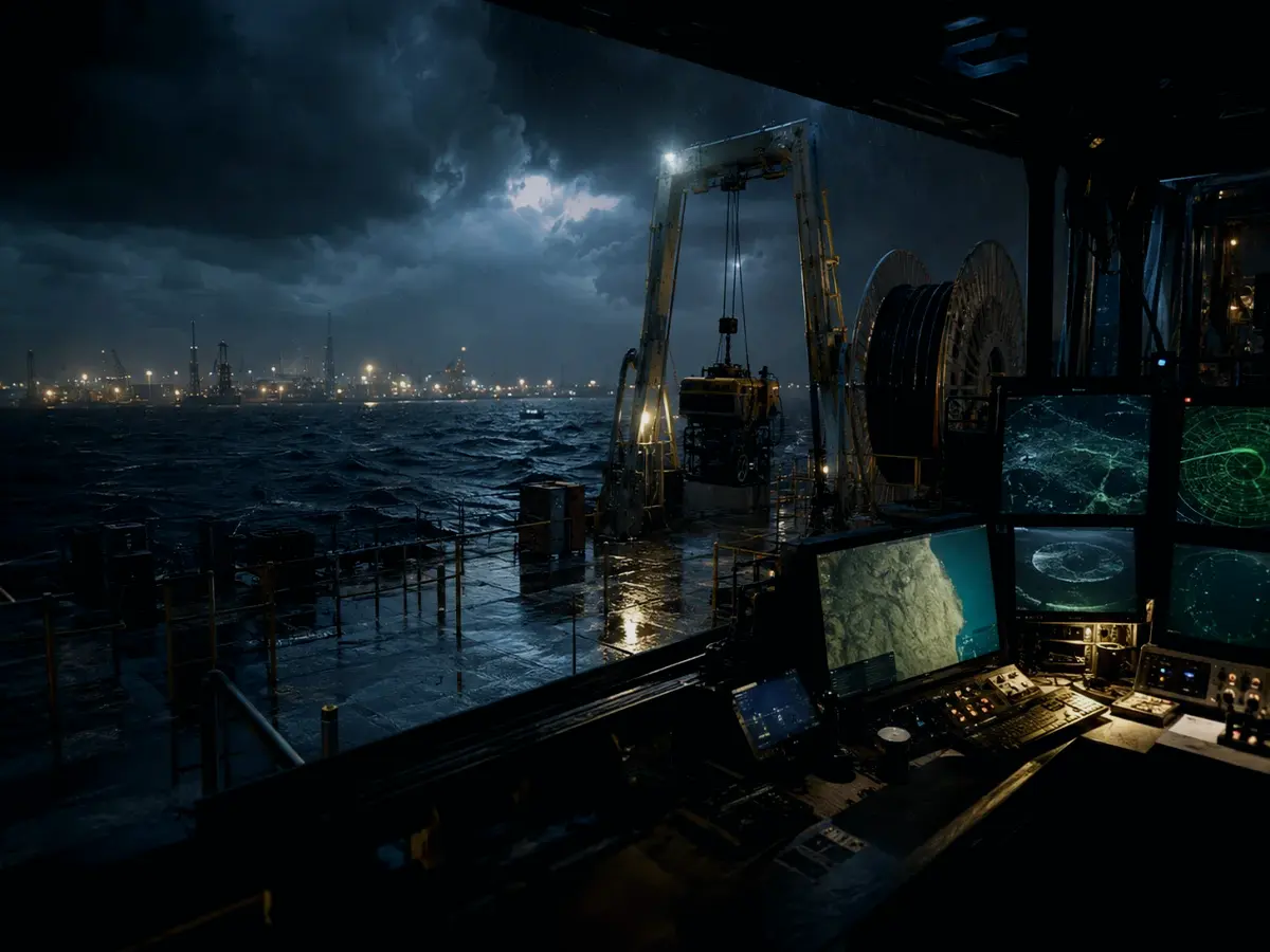 How Does Seabed Depth Survey Affect Operations? article hero image showing subsea operations deck, A-frame launch silhouette, underwater survey grid and cable-route tension