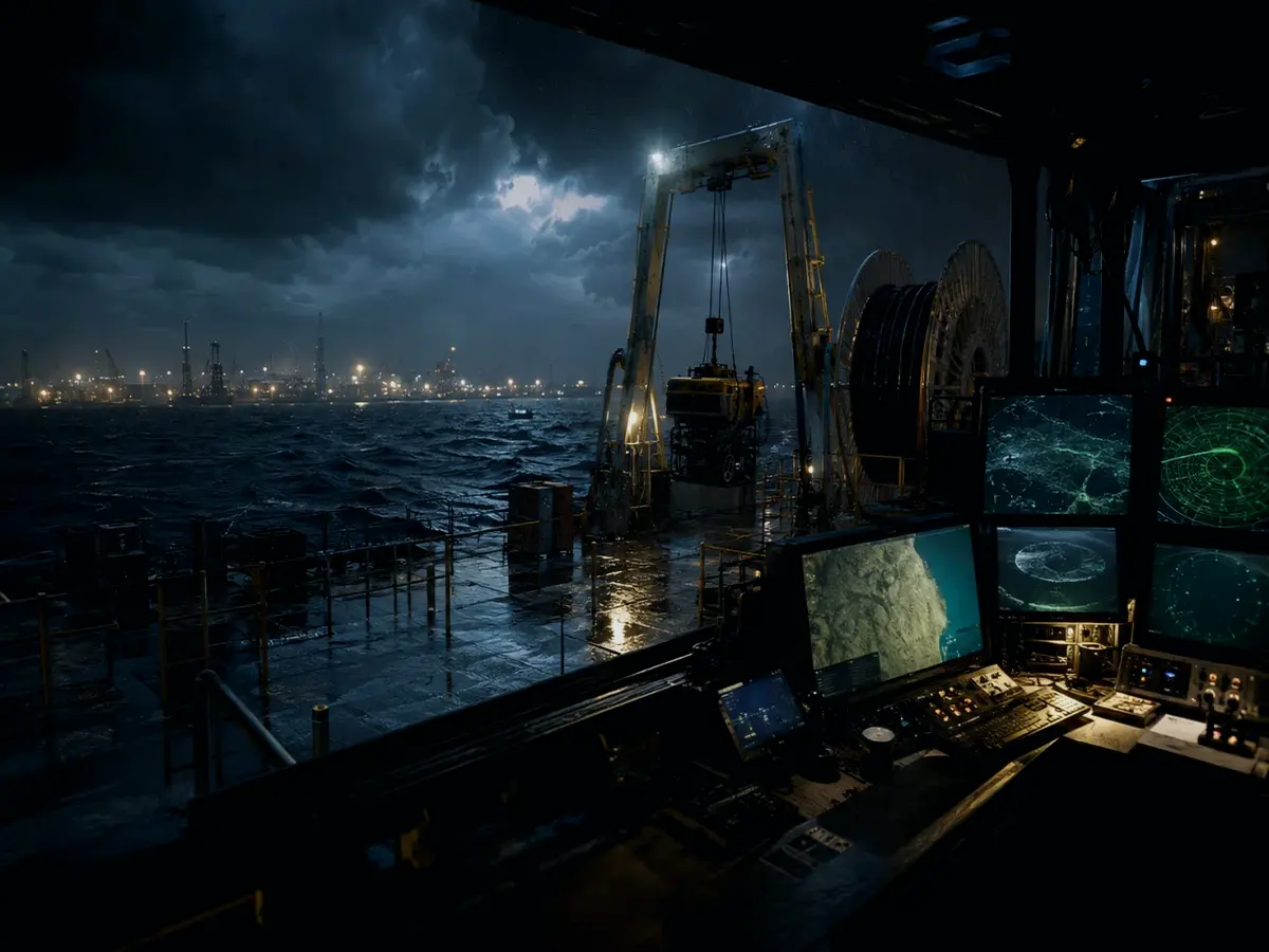 How Is Seabed Depth Survey Used or Applied? article hero image showing subsea operations deck, A-frame launch silhouette, underwater survey grid and cable-route tension