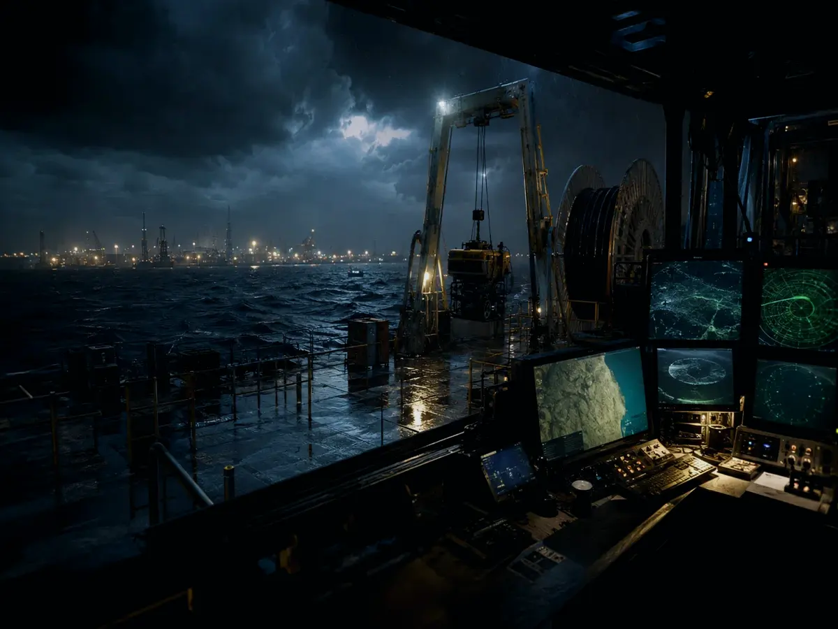 What Are the Main Risks or Limitations of Seabed Depth Survey? article hero image showing subsea operations deck, A-frame launch silhouette, underwater survey grid and cable-route tension