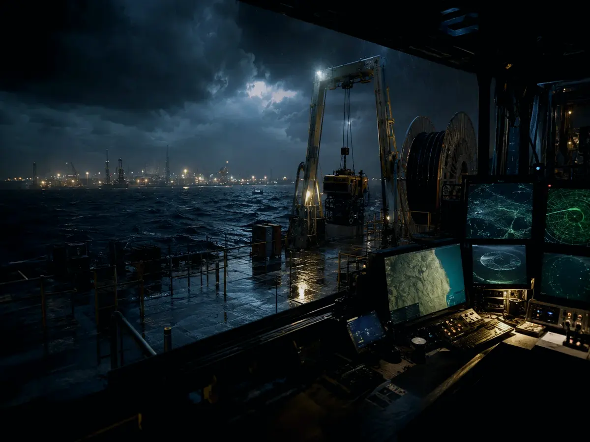 What Does Seabed Depth Survey Mean in Practice? article hero image showing subsea operations deck, A-frame launch silhouette, underwater survey grid and cable-route tension