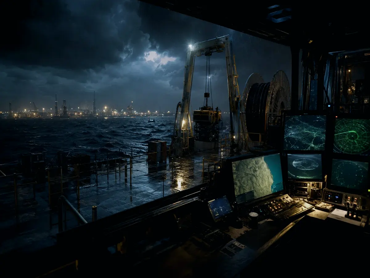 How Does Seabed Obstruction Affect Operations? article hero image showing subsea operations deck, A-frame launch silhouette, underwater survey grid and cable-route tension