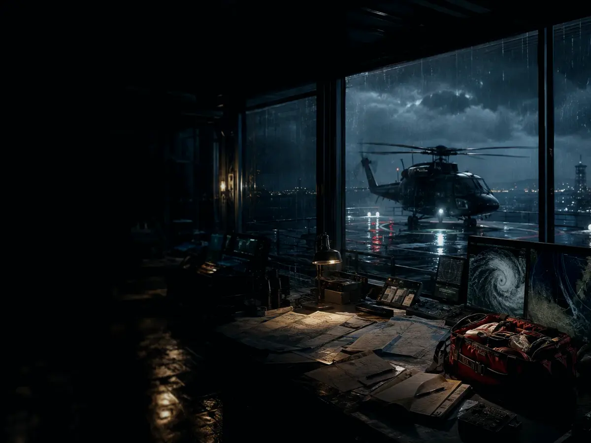 What Are the Main Safety Considerations for Rescue Helicopter? article hero image showing rescue helicopter silhouette over a night operations room and coastal weather