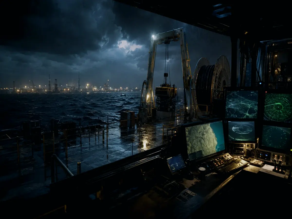 How Is Seabed Obstruction Used or Applied? article hero image showing subsea operations deck, A-frame launch silhouette, underwater survey grid and cable-route tension