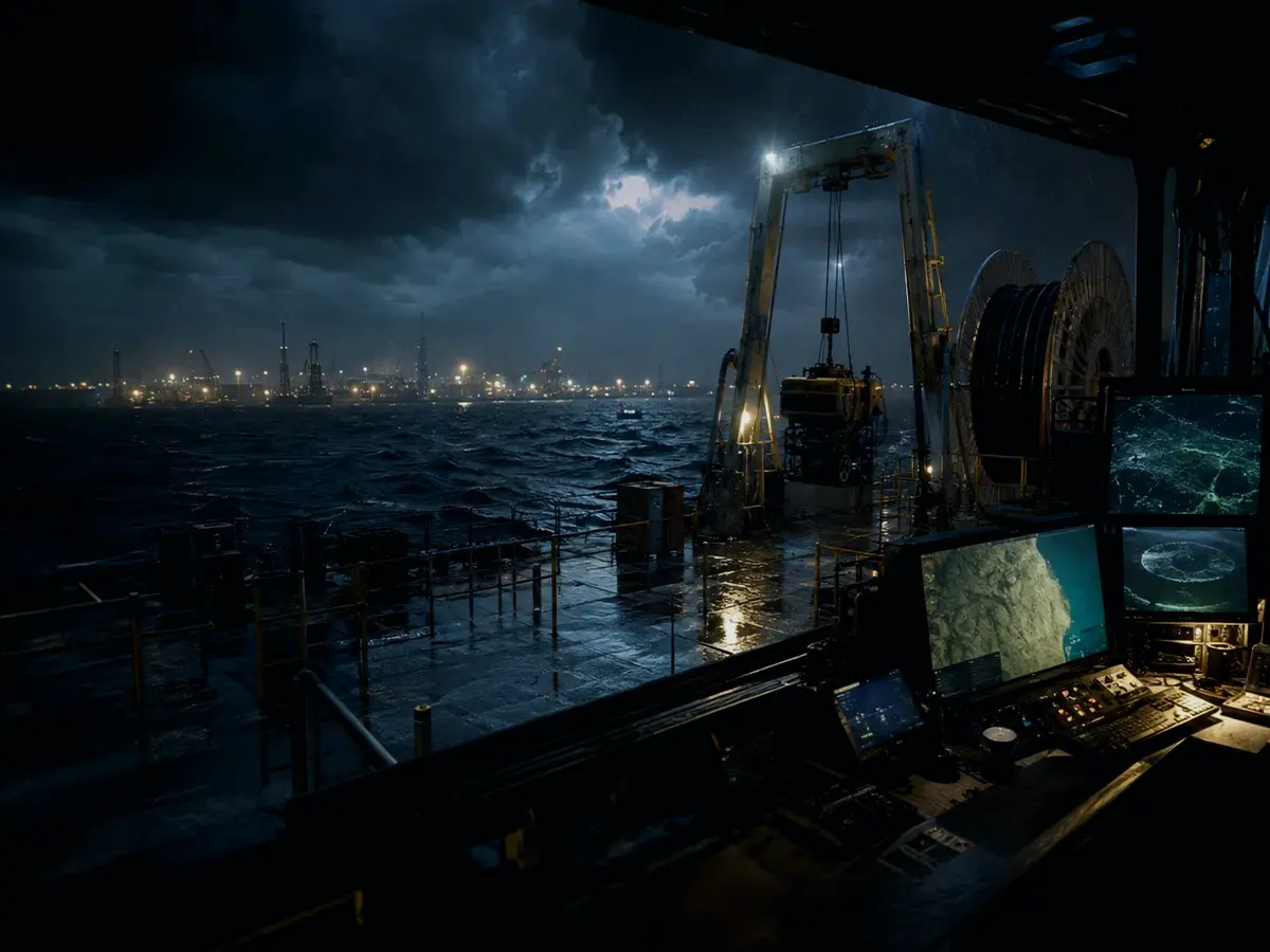 How Does Sonar Work? article hero image showing subsea operations deck, A-frame launch silhouette, underwater survey grid and cable-route tension