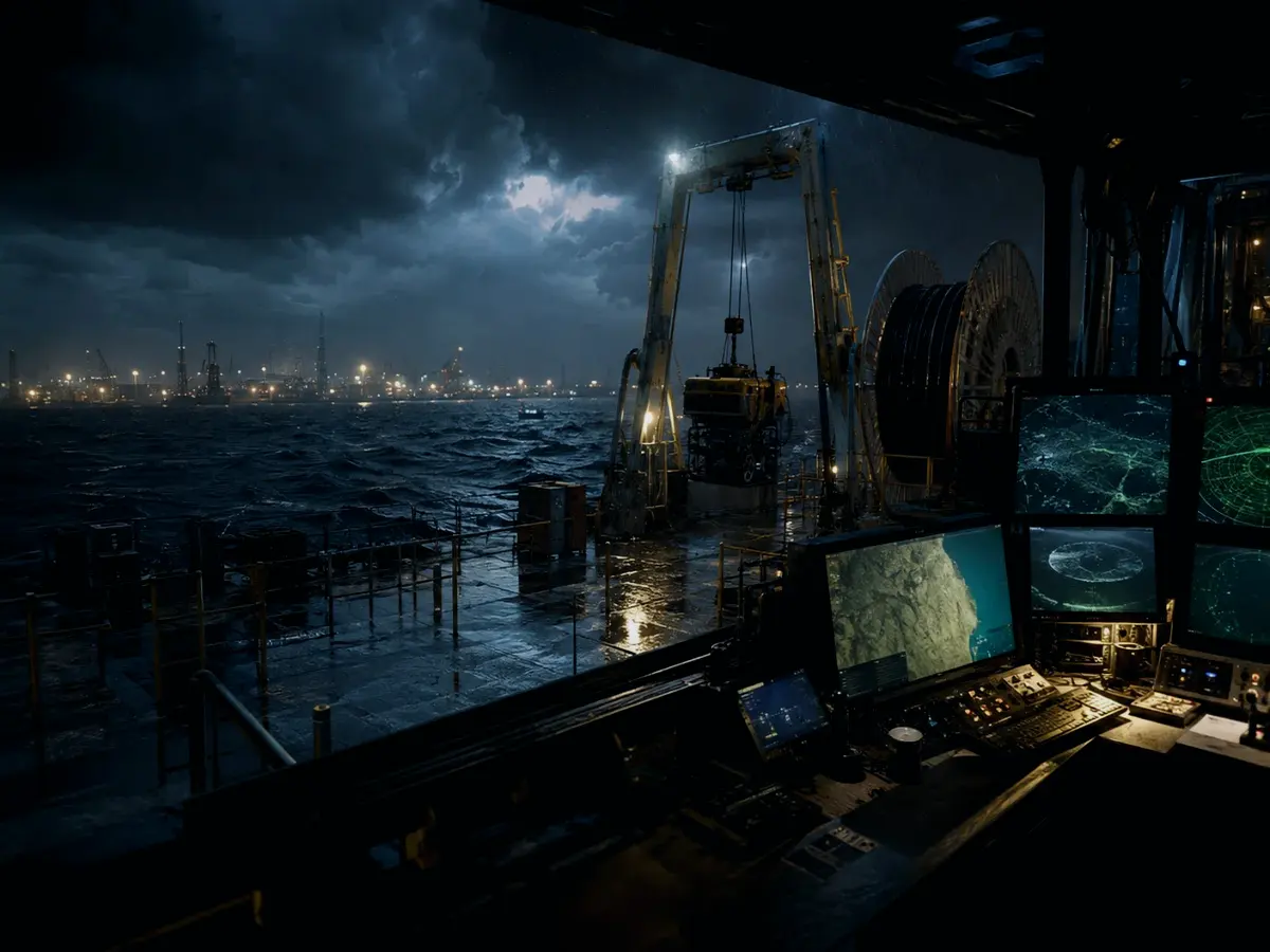 What Does Submarine Communications Cable Mean in Practice? article hero image showing subsea operations deck, A-frame launch silhouette, underwater survey grid and cable-route tension