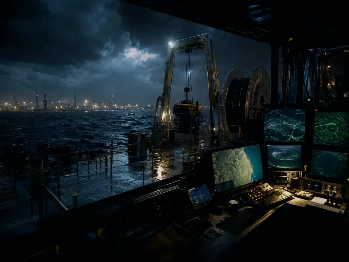 How Are Subsea Cables Inspected? article hero image showing subsea operations deck, A-frame launch silhouette, underwater survey grid and cable-route tension