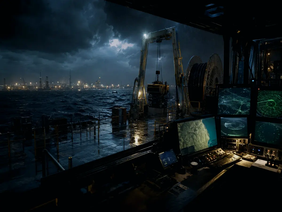 How Does Subsea Cable Affect Operations? article hero image showing subsea operations deck, A-frame launch silhouette, underwater survey grid and cable-route tension