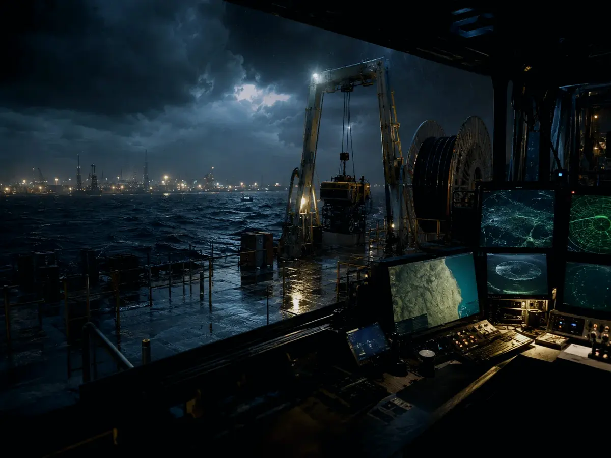 What Are the Main Risks or Limitations of Subsea Cable? article hero image showing subsea operations deck, A-frame launch silhouette, underwater survey grid and cable-route tension