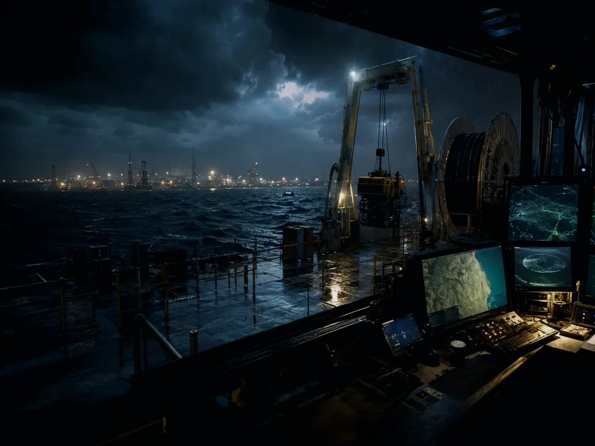 What Is an Underwater Camera Used For? article hero image showing subsea operations deck, A-frame launch silhouette, underwater survey grid and cable-route tension