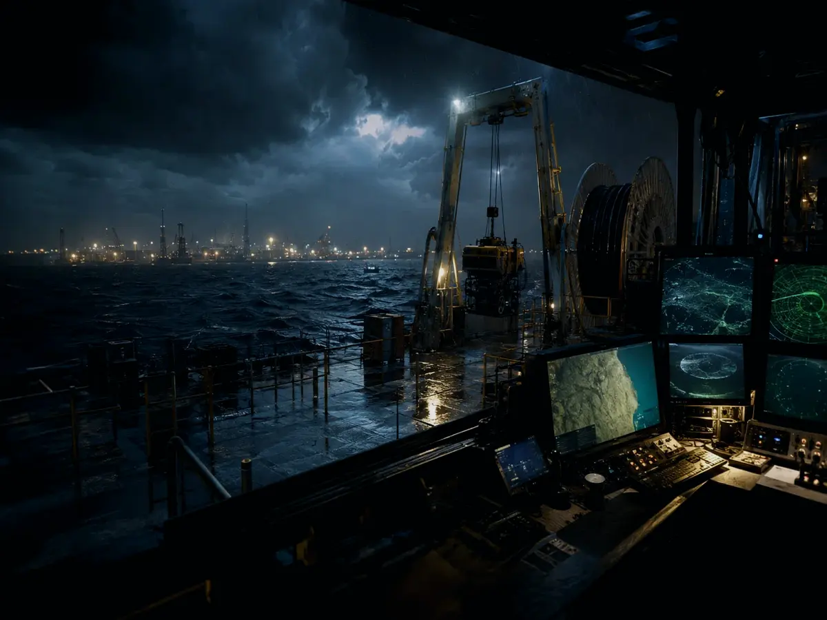 What Is an Underwater Camera? article hero image showing subsea operations deck, A-frame launch silhouette, underwater survey grid and cable-route tension