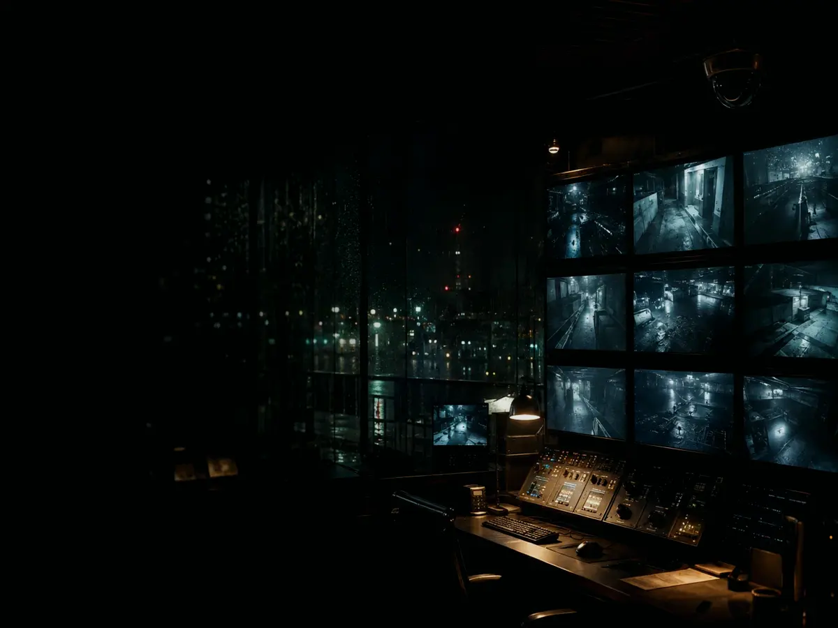 What Happens During Secure Facility Access? article hero image showing surveillance monitor wall, CCTV camera angle and physical-security observation