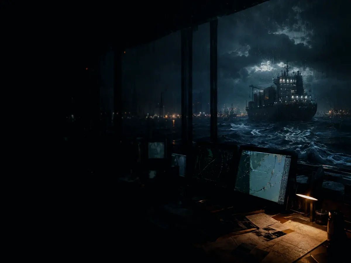 How Can Radar and Visual Navigation Help During GPS Spoofing? article hero image showing marine radar screen, bridge watchkeeping and collision-avoidance plotting under storm light
