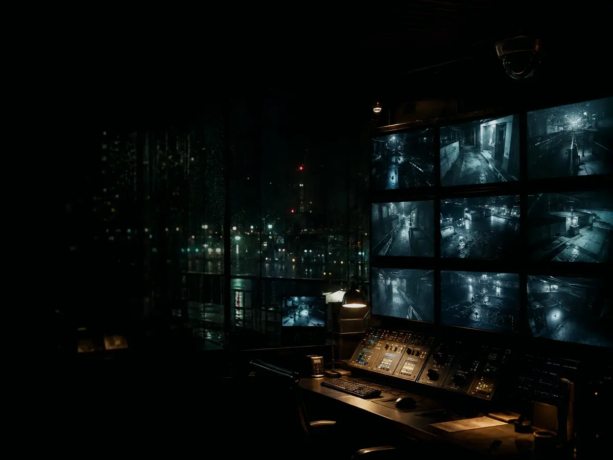 What Records Are Created During Police Surveillance? article hero image showing surveillance monitor wall, CCTV camera angle and physical-security observation