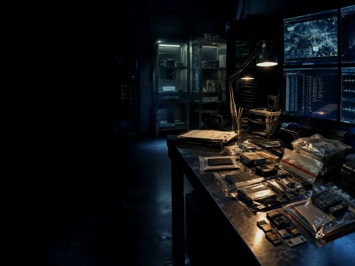 How Does Hash Work? article hero image showing sealed evidence locker, forensic workstation and chain-of-custody documents