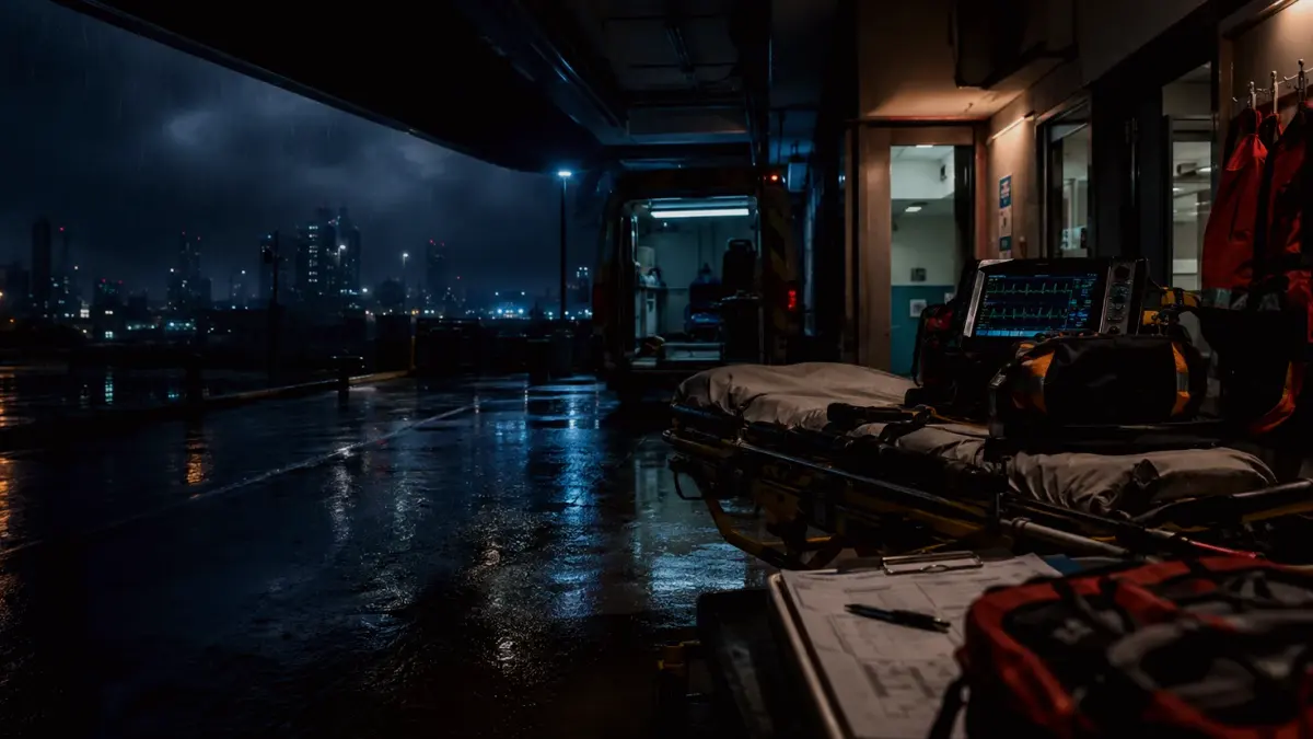 When Might Gurney Be Used or Encountered in Emergency Care? supporting article image showing medical incident notes, patient monitor glow and evacuation coordination