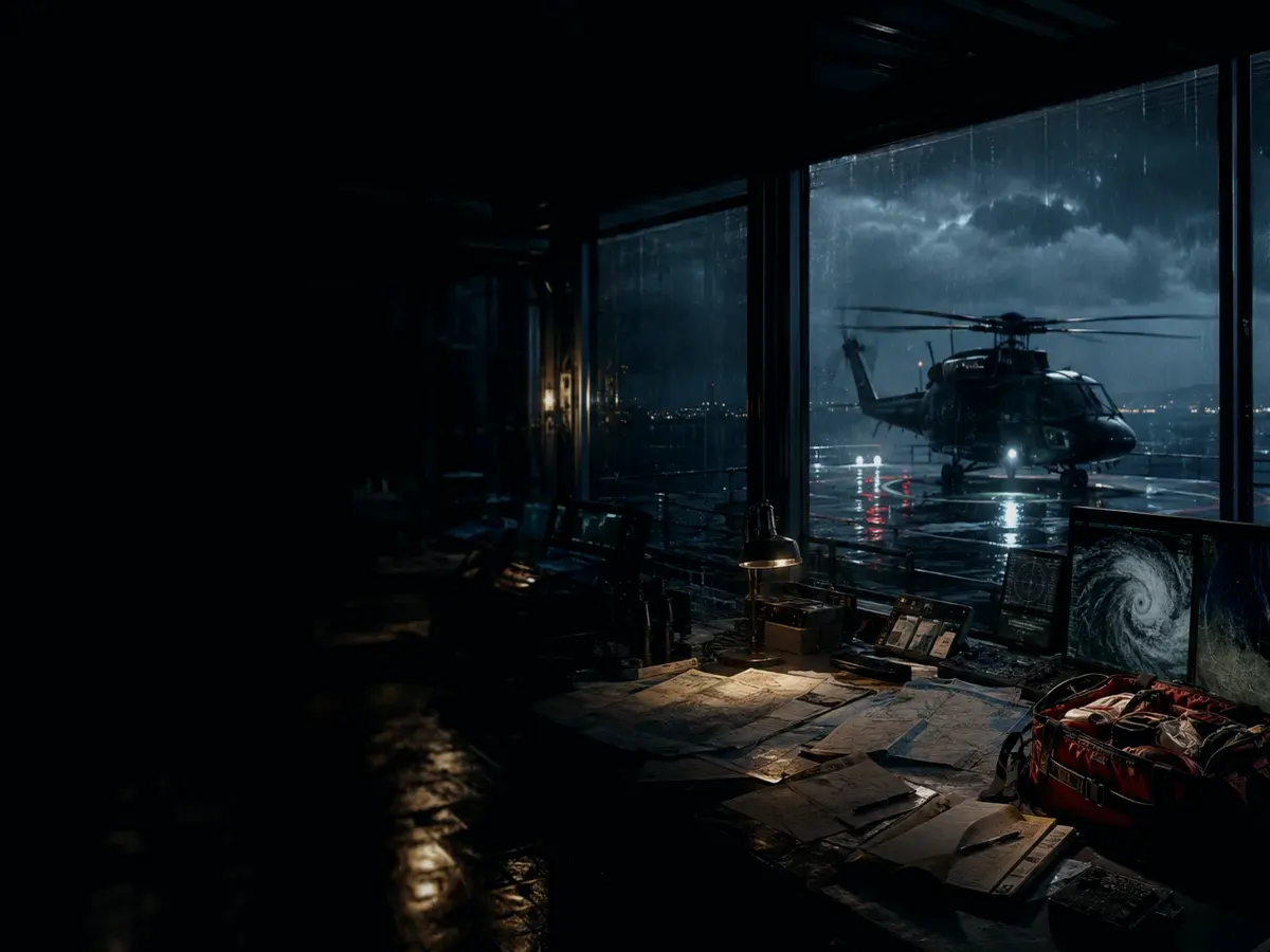 When Is a Rescue Helicopter Used for Medical Evacuation? article hero image showing rescue helicopter silhouette over a night operations room and coastal weather