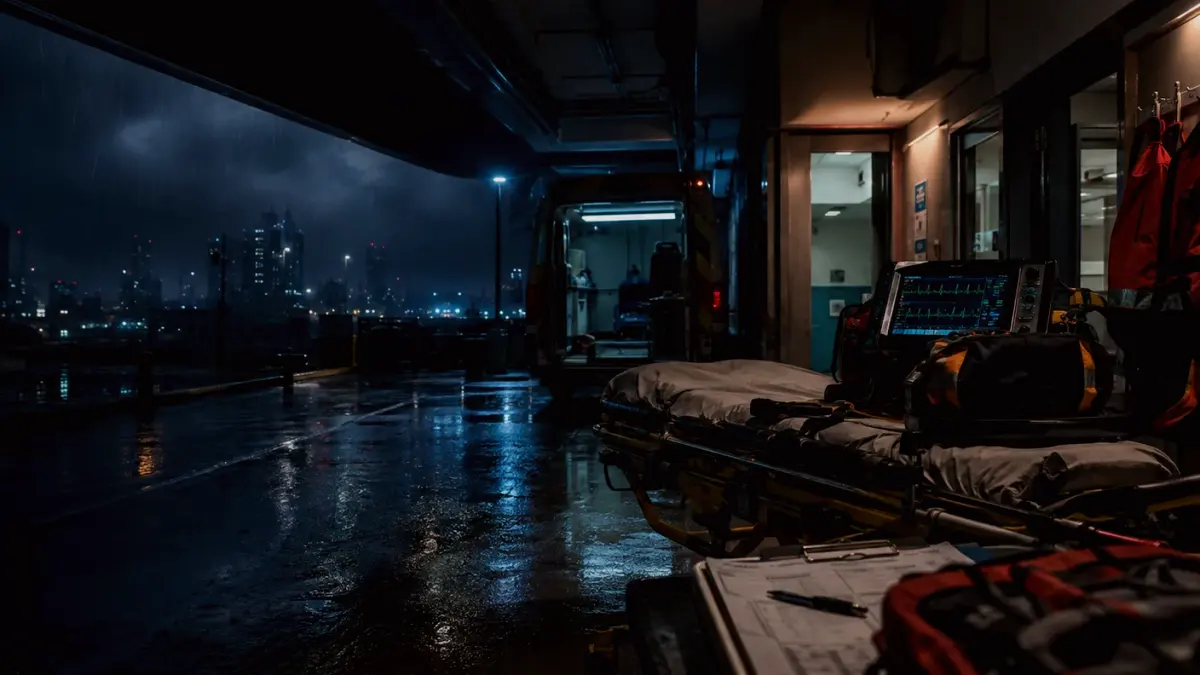 What Are the Main Safety Considerations Around a Trauma Unit? supporting article image showing medical incident notes, patient monitor glow and evacuation coordination