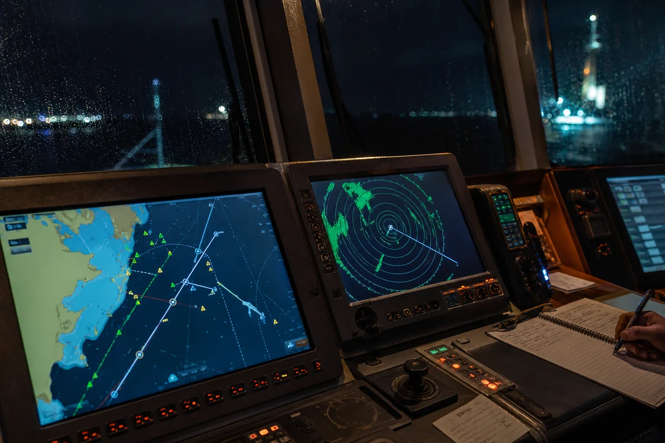 Night bridge navigation display with AIS target symbols, radar returns and electronic chart tracks