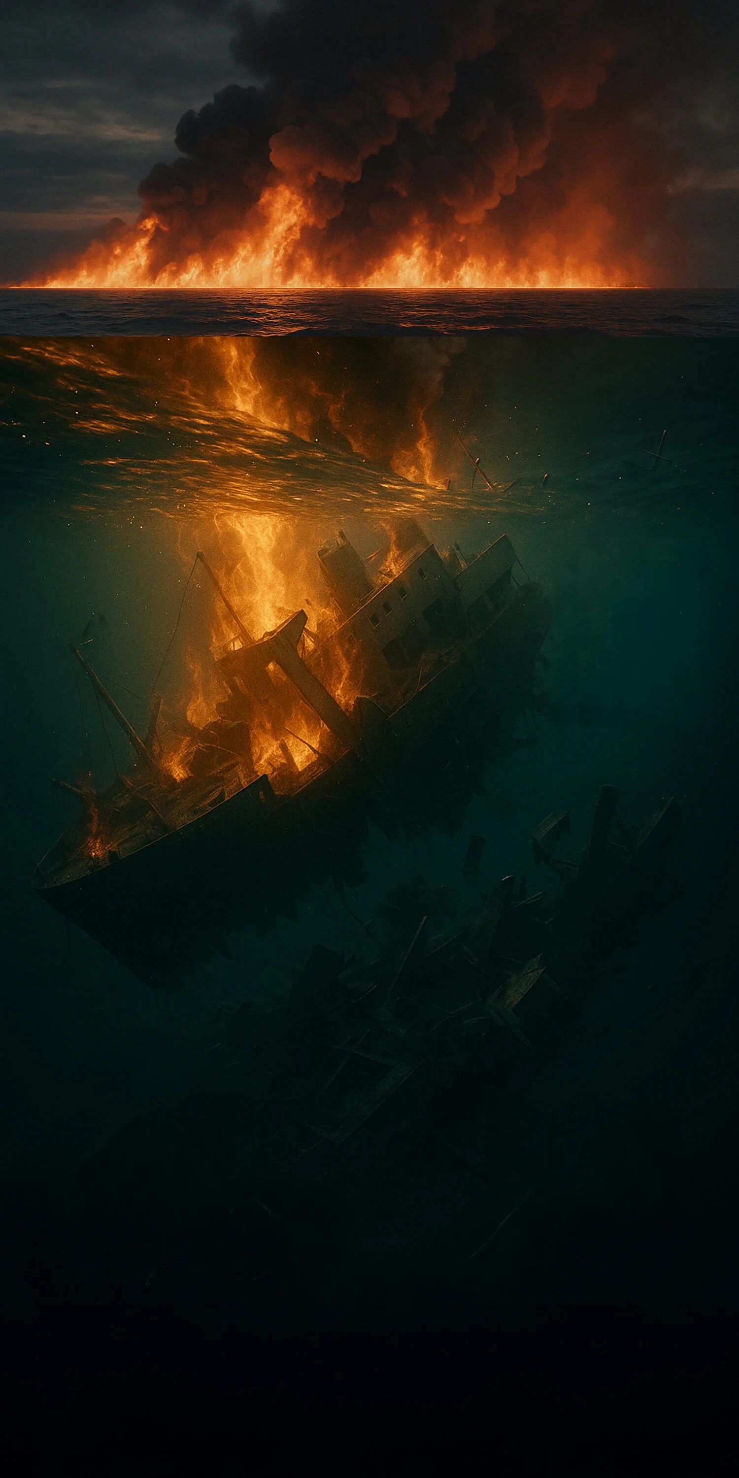 Fire-lit incident scene from Collision of Tides