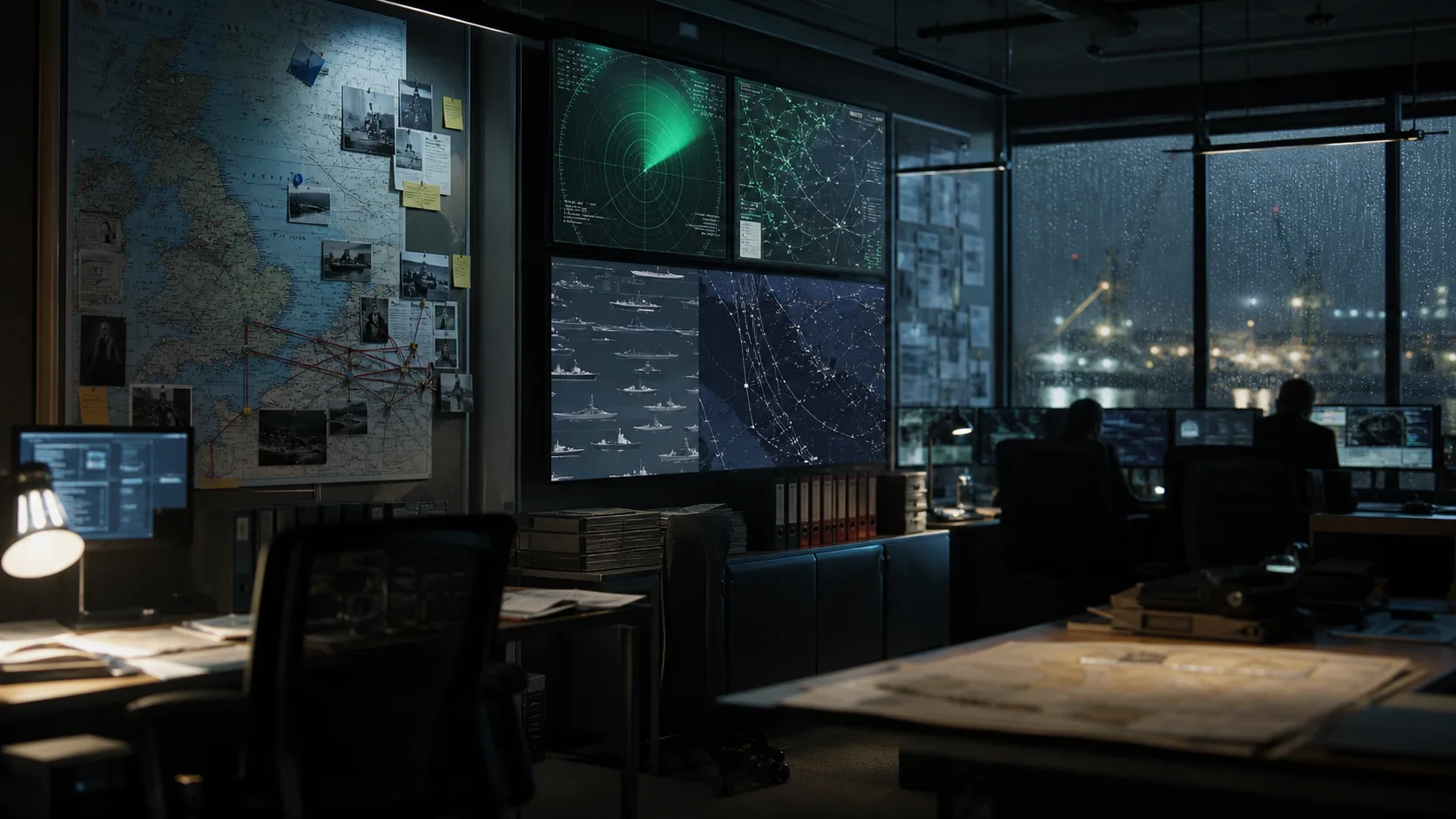 Fictional maritime intelligence briefing room with radar screens, AIS-style tracks and evidence boards