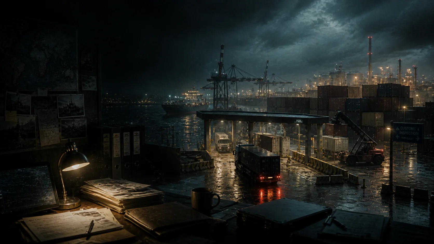Cinematic Collision of Tides briefing background for Borders, Crime & Infrastructure