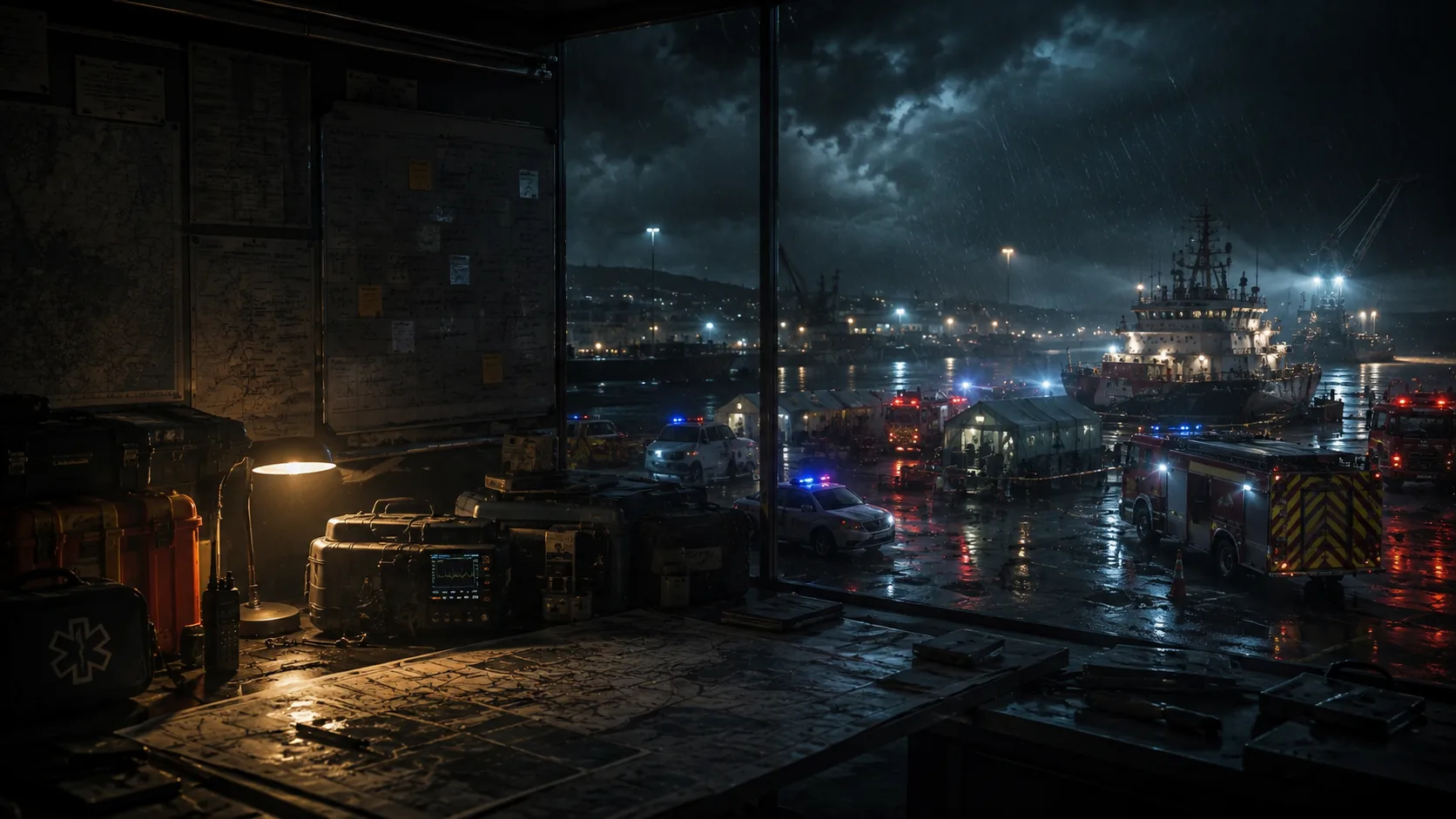 Cinematic Collision of Tides briefing background for Emergency & Hazard Response