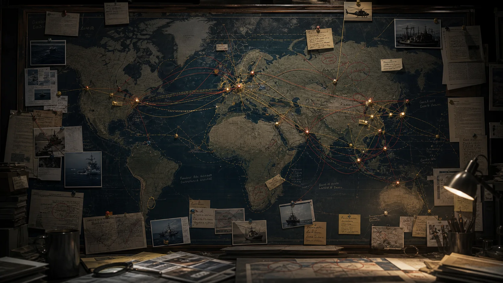 Global espionage, political intrigue, shipping and air-route intelligence chart